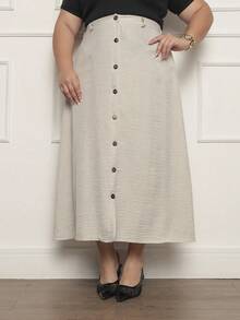 Solid Color Pleated Midi Skirt, Holiday Style, With Button Embellishments And Side Slit, Black Skirt, Plus Size G1 G2 G3 48 50 G2 - Beige - View 3