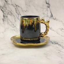 125ml Ceramic Coffee Cup & Saucer Set, Gold Bow Decor, Household Party Gift, Suitable For Drinking Coffee, Tea, Afternoon Tea, Electroplated In Various Colors