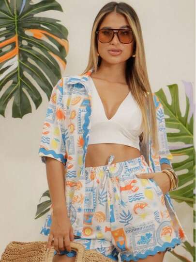 Set de 2 piezas de ropa de verano para mujer - camisa de manga corta y conjunto de shorts  Sencillo  Casual  Dulce    Bordado  Botón    Playa  Oficina  Casa  Diario  Jardín  Calle