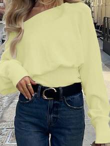 Women's Casual Elegant Solid Color Off-Shoulder Fit Bat Long Sleeve Regular Pullover Knitted Off The Shoulder Jumper Crop Tops Cute Sweater, Spring Summer Fall - Yellow - View 6