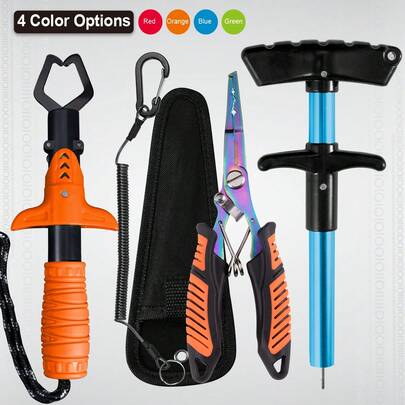 5 件套多功能钓鱼工具套装，防锈钛涂层钓鱼钳，符合人体工程学的防滑手柄，包括脱钩器、唇夹、挂绳、小袋，便携式设计，非常适合钓鱼，劳动节礼物