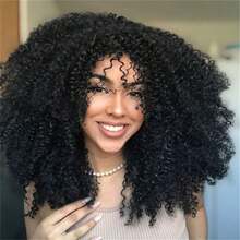 16 Inch Curly Wig Afro Curly Wigs For Women Afro Kinky Curly Wig With Bangs Full And Fluffy Glueless Wigs Synthetic Hair Replacement Wigs For Cosplay And Daily - 黑色 - 查看 1
