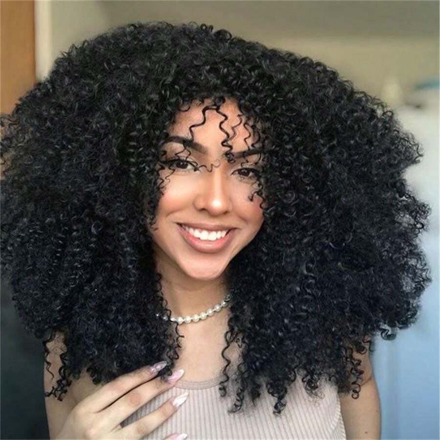 16 Inch Curly Wig Afro Curly Wigs For Women Afro Kinky Curly Wig With Bangs Full And Fluffy Glueless Wigs Synthetic Hair Replacement Wigs For Cosplay And Daily - 黑色 - 查看 1