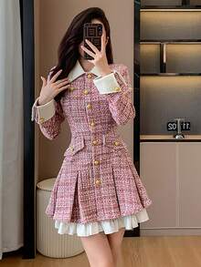 RUIWY 女士秋冬加厚二合一收腰迷人褶皱纽扣中长连衣裙，甜美时尚 - 粉色 - 查看 3