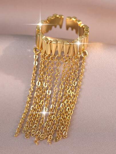 jealous young 1 件精致多层链长流苏铜婚戒，适合订婚女王可开口戒指，适合周年纪念派对珠宝礼物