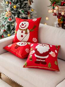 1pc Red Base Fabric Delicate Snowman & Santa Claus Embroidered Cushion Cover, Christmas Decor, Fits Multiple Room Styles, 45cm*45cm, Pillow Insert Not Included Home Decor Christmas Decorations Room Decor Christmas Decorations Home