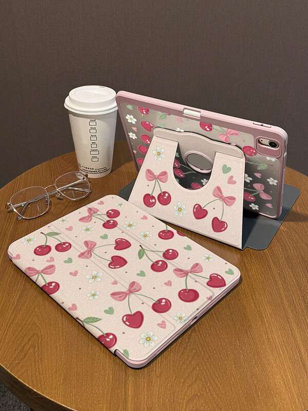 1 Piece, Cherry Bow Apple Tablet Protective Case, 720 ° Rotating Acrylic Hard Shell, Thick Silicone Soft Edge Shock-Absorbing, Automatic Wake-Up/Sleep, Hollowed Out Logo Hole, Compatible With IPad 112025/10th Generation/IPad 9th Generation, Pro 2024 13/11 Inches, With Non-Magnetic Pen Slot Cover, Essential Protective Case For Office And Study