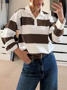 Buzzelle T-shirt polo à manches longues avec imprimé rayé à la mode pour femmes, décontracté et sportif pour l'automne et l'hiver