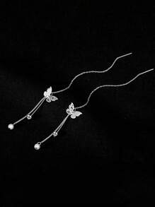 Aretes de borlas de hilo de plata esterlina S925 con mariposa para mujer, de estilo largo y sencillo, joya fresca que combina con todo, regalo de joyería - Mariposa - Ver 5