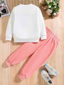 Toddler Cartoon Print Crew Neck Sweatshirt And Sweatpants Set - 粉色 - 查看 2