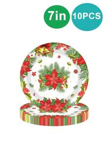 10 Stücke Weihnachts-Teller mit Weihnachts-Elch-Glocken-Kranz Einwegteller Party Zubehör, Weihnachtliche Geschirr-Serie mit Stechpalme beinhaltet: Pappteller, Dessert-Teller, Pappbecher und Servietten, perfekt für fröhliche Weihnachtsfeier Dekoration Neujahr
