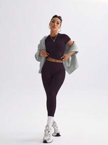 FWH Conjunto de dos piezas de ropa deportiva juvenil de campus: top de unicolor lindo, con cuello redondo, elástico y ajustado; y pantalón de cintura alta, ceñido, casual, de control de abdomen, elegante, versátil, ideal para baile, running, yoga y uso diario.