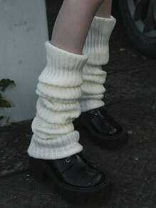 1 Pair Women's Solid Vertical Striped Leg Warmers, Thin Design Suitable For Spring, Autumn, Winter, Cozy Socks