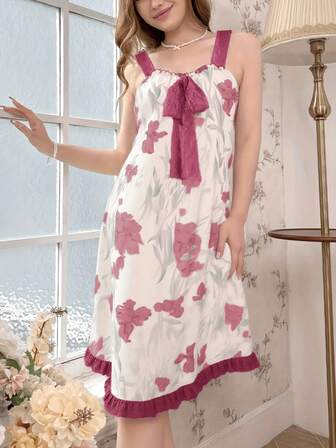 无袖蕾丝露肩睡袍 - 荷叶边饰边，轻质涤纶，适合所有季节，成人休闲睡衣裙，花卉印花，舒适蕾丝裙