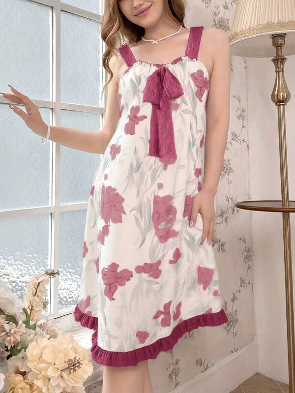 无袖蕾丝露肩睡袍 - 荷叶边饰边，轻质涤纶，适合所有季节，成人休闲睡衣裙，花卉印花，舒适蕾丝裙