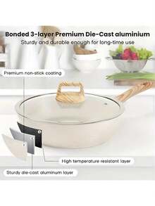 Non Stick Ceramic Cookware Set, Healthy Pot And Flat Bottomed Pot Set, Kitchen Cooking Set, With A Cool Handle To Keep It Cool, Ceramic Non Stick Stew Pot With Lid, White Granite Coating, Free Of PFOS/PFAS - Beige - View 2