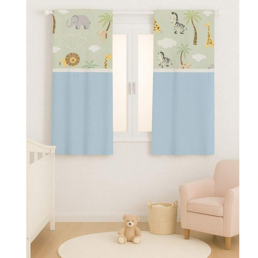 Printed Curtain For Baby's Room, Boy's Girl's Room - safari xanh - Xem 1