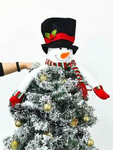 1 Set Of 17pcs, 1pc Snowman Christmas Tree Top Decoration Plus 1pc Red And White Wool Strips Plus 15pcs Golden Christmas Tree Decoration Pendant For Christmas Party Decoration Supplies