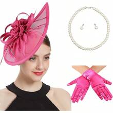 Ibeauti Fascinator Hats With Screentouch Lace Gloves Set Women Tea Party Cocktail Wedding Derby Headwear Short Gloves - 05 亮粉色 - 查看 1