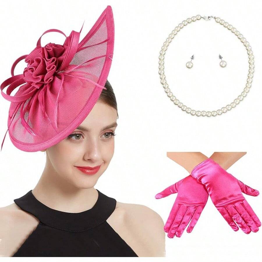 Ibeauti Fascinator Hats With Screentouch Lace Gloves Set Women Tea Party Cocktail Wedding Derby Headwear Short Gloves - 05 亮粉色 - 查看 1