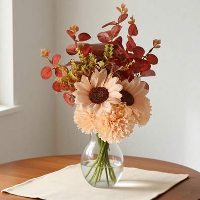 Autumn Harvest Festival Orange Flower Bouquet With Eucalyptus And Chrysanthemum, Home Decor Ornament