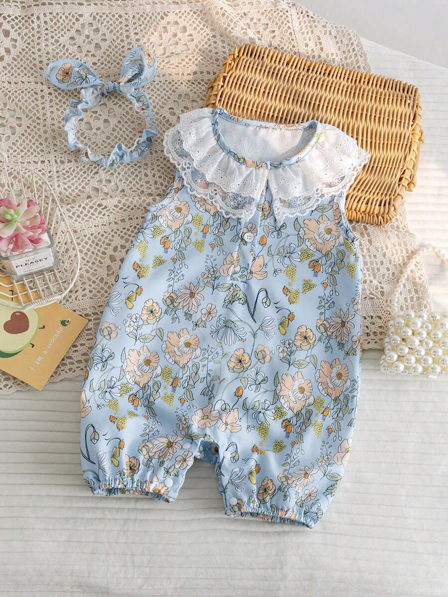 Newborn Baby Girls Cute Sleeveless Jumpsuit And Headband Set, Summer