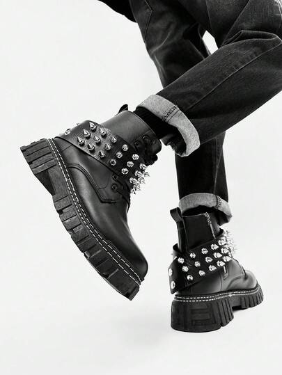 SLnU3 SLNU★3 Men's Fashionable Thick-Soled Elevated Motorcycle Boots, Punk Street Preppy Casual Nightclub Outdoor Cargo Style Style With Decorative Elements, Versatile For Outdoor Wear In All Seasons