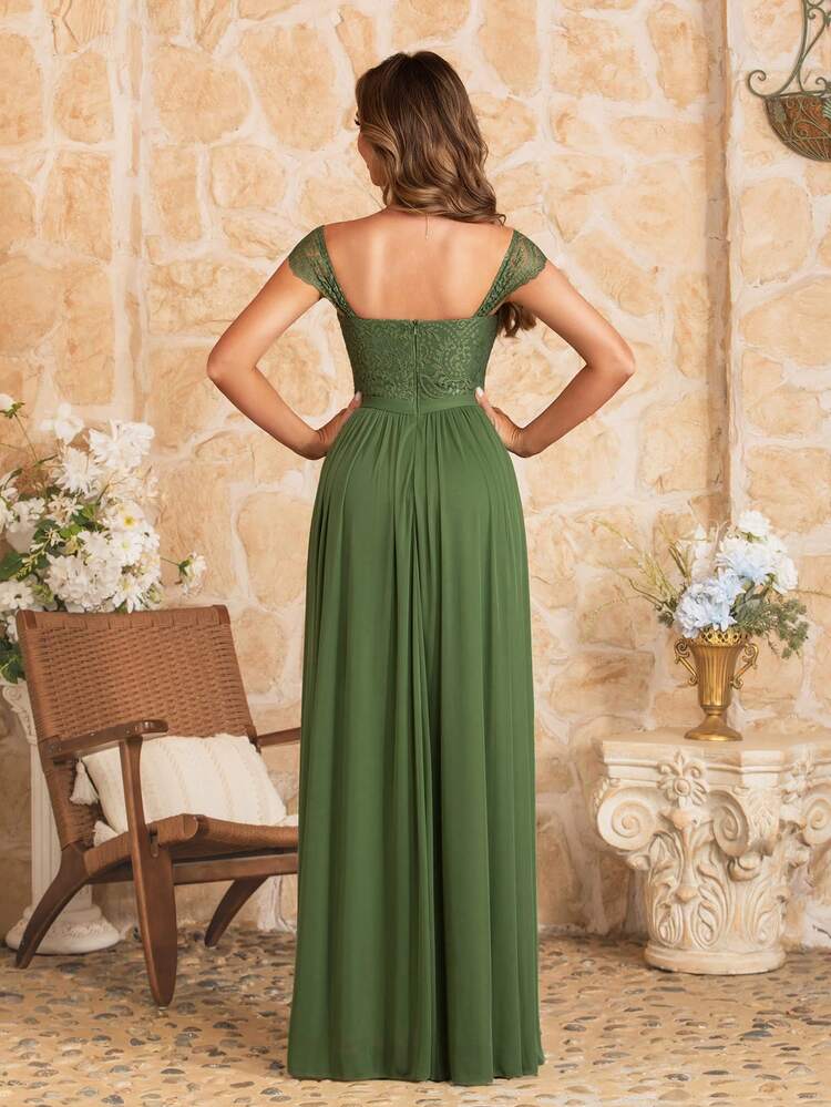 MOEVIO 优雅甜心领蕾丝撞色雪纺露背开叉大腿长款正式伴娘派对春假服装毕业夏季节日礼服，秋季返校返校节婚礼宾客礼服 - 綠色 - 查看 3