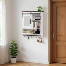 Wall-Mounted Bathroom Cabinet, Wood Wall Storage Cabinet, Wall Cabinet With Mirror, Bathroom Storage Wall Cabinet, With Adjustable Shelf/ Towel Bar/ 5 Hooks, Free Hair Dryer Holder, Multi-Functional Storage, Easy To Install, Suitable For Bathrooms, Living Rooms, Kitchens, Bedrooms, And Laundry Rooms. - 白色 - 查看 1