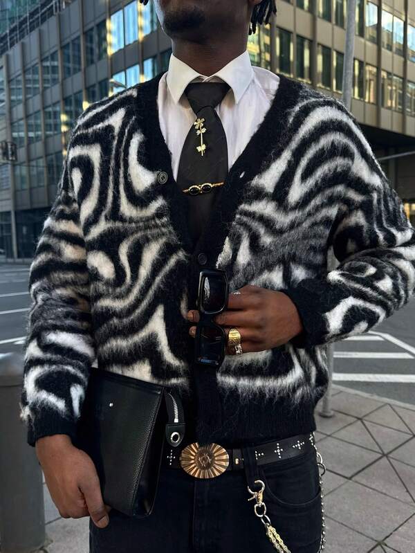 Casual Loose V-Neck Button-Up Cardigan, Zebra Print, Streetwear Style Unisex Top, Suitable For Spring, Autumn, Winter