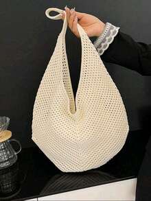 大容量钩编单肩手提包 - 轻便多功能针织涤纶手提包，米色、浅蓝色、棕色、黑色可选，适合旅行、海滩、度假和日常使用，大容量手提包，沙滩包 - 米色 - 查看 10