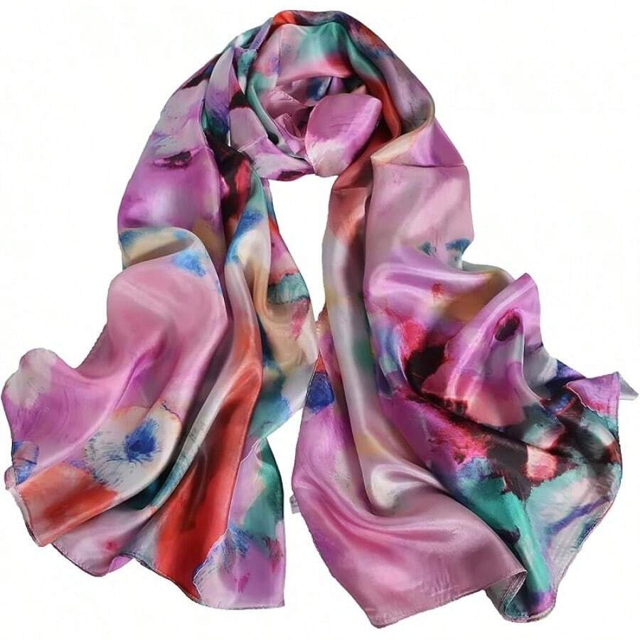 100% Mulberry Silk Scarf For Women Lightweight Long Scarves Beach Wraps Cover Up -Travel Photography Scarfhalloween - 紫色粉紅色 - 查看 1
