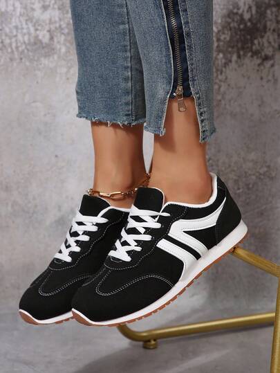 Plus Size Women's Casual Sneakers, Student School Shoes, Beige Fashion Flat Lace-Up Comfort Sports Shoes