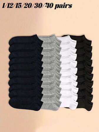 1/12/15/20/30/40 双男女通用黑/白/灰色踝袜，休闲、舒适、透气，适合日常、居家、旅行、运动
