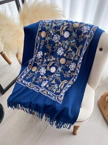 1件装女士秋冬仿羊绒刺绣围巾，加厚保暖流苏刺绣波西米亚风旅行披肩斗篷，可搭配连衣裙 - 藏蓝色 - 查看 3