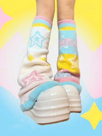 1 Pair Reversible Skeleton & Star Element Leg Warmers, Flared Wide Leg Leg Warmers