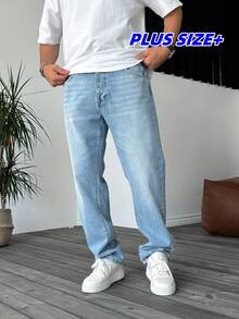 Men's Vintage Washed Solid Color Y2K Jeans, Loose Fit Straight Leg High Waist Wide Leg Casual Denim Pants, Plus Size - Light Wash - View 1