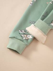 Girls' Thick Fleece Cartoon Rabbit Print Pajama Set, Long Sleeve Top And Pants, Warm Sleepwear For Autumn/Winter - Mint Green - View 9