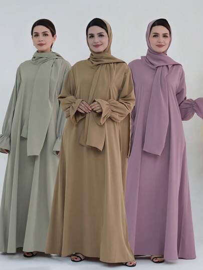 1 pieza Vestido musulmán suave con hiyab adjunto, diseño de manga floral, abaya versátil clásica