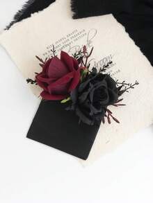 1 peça de flor artificial de rosa bordô e preta para lapela de bolso, ideal para casamentos góticos, noivos e padrinhos, bailes de formatura de outono, eventos formais e como acessório para o Dia dos Namorados.