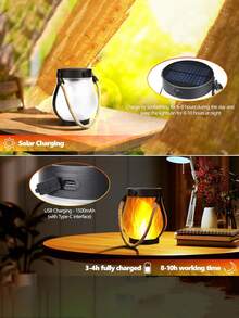 1/2 件太阳能火焰吊灯 - 3D 闪烁 LED 具有逼真的余烬效果，IP65 防水花园吊灯适用于露台凉亭，锻铁悬挂装饰