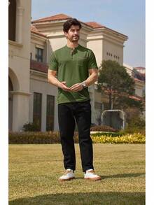 Henley Shirts Slim Fit Button T-Shirthalloween - 軍綠色 - 查看 3