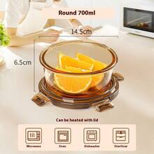 琥珀色圆形玻璃午餐盒，微波炉适用，带盖防漏便当盒，上班族餐盒