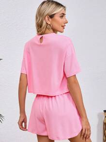2pcs Women Solid Color Casual Short Sleeve Top & Wide Leg Shorts Set Summer Loungewear For Home Use,Two Pieces Set Outfit - Pink - View 2