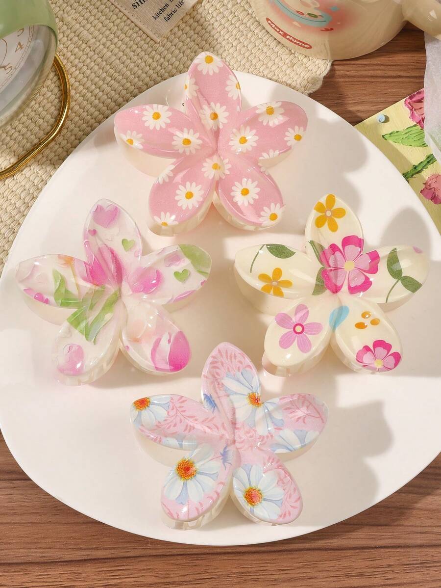 4 件 ABS 材质春夏花卉发夹，雏菊、郁金香、鸡蛋花图案，大尺寸，适合海滩、派对、盘发饰品秋季配饰秋季发夹花卉发夹