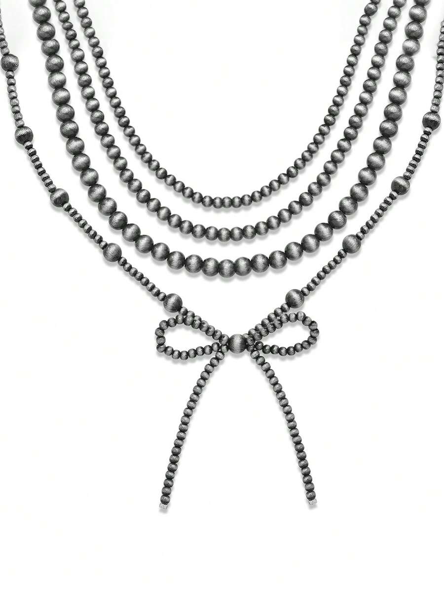 1~4 件女士黑珍珠蝴蝶结项链套装，仿珍珠 4 毫米/6 毫米/8 毫米珍珠多层项链套装，西部牛仔风格，时尚珠宝礼物 - 黑色 - 查看 1