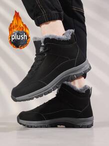 Winter New Men's Boots, Flat Low-Top Men Boots, Outdoor Hiking Shoes, PU Leather Men's Leather Boots, Front Lace-Up Ankle Boots, Rubber Sole Anti-Slip Work Boots, Fleece Lining Warm Waterproof Snow Boots