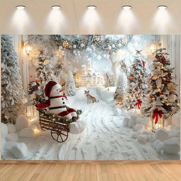 1 Piece Holiday Winter Wonderland Photography Backdrop Cloth - Snowman & Pine Tree Design, Perfect For Christmas Party, Holiday Gifts, Wedding, Birthday, Anniversary, Family Gathering, Event Display, Theme Party, Bedroom, Living Room, Patio & Outdoor Decoration, Studio Props, Photography Backdrop