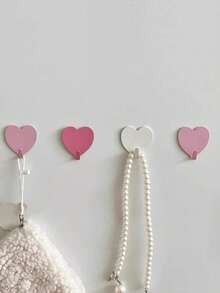 3 Pieces Of Pink Heart Decorative Wall Hooks. No Drilling Required. Perfect For Girls' Room Decoration. Minimalist Style. Can Be Used For Hanging Keychains, Coats, Towels, Hats, Jewelry, Umbrellas, Etc. Suitable For Living Room, Bedroom, Office, Home Decoration - Multicolor - View 3