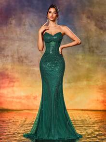 女士甜心领串珠礼服，优雅单肩鱼尾裙，适合正式晚宴、派对、颁奖典礼、婚礼等场合。 - 墨綠色 - 查看 5